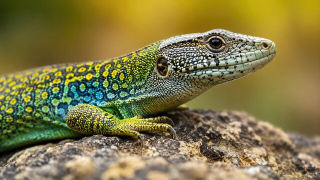 Detailed Close Up Portrait of Colorful Green Lizard on Natural Rock