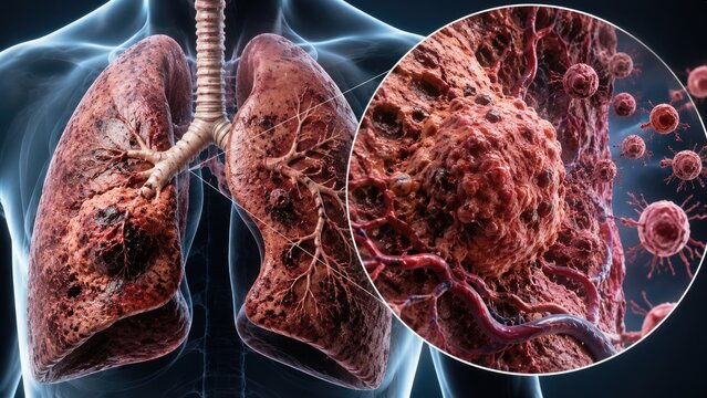 Detailed medical illustration of lung cancer showing malignant tumor inside human lungs with close up view