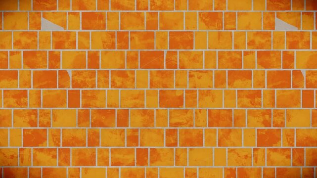 Vibrant orange textured tiled abstract pattern background with light grout lines, a geometric mosaic seamless loop motion graphics video