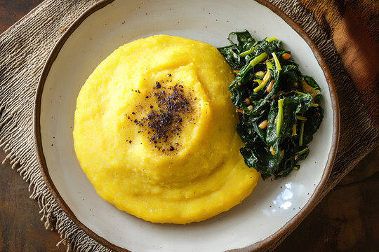 Kenyan ugali with sukuma wiki greens, traditional east african meal