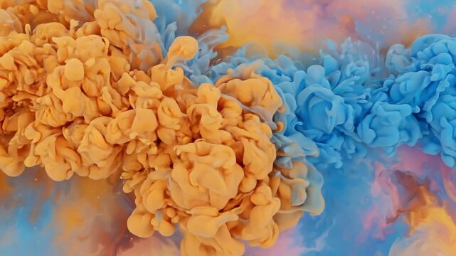 Blue ink clouds swirling in orange and pink liquid