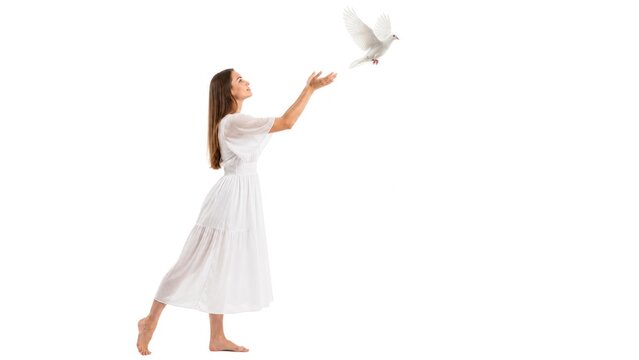 Woman Releasing White Dove Symbol of Freedom Peace and Hope on White Background