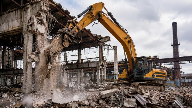 Excavator Demolishing Abandoned Industrial Building at Construction Site