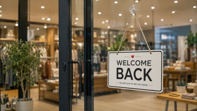 Welcome Back Sign Hanging on Modern Store Entrance Glass Door