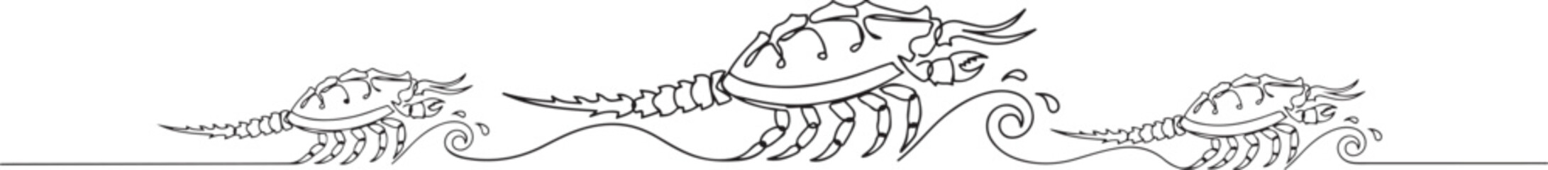 Composition with marine armored horseshoe crabs and waves. one line art icon drawing © jinnatun