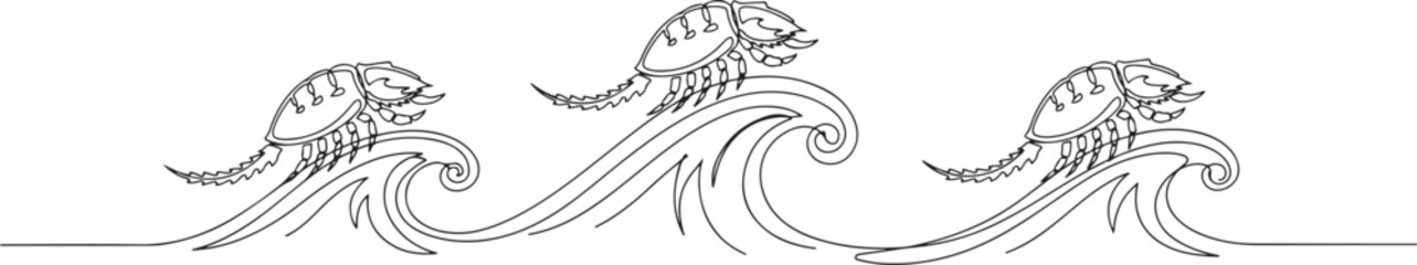 Composition with marine armored horseshoe crabs and waves. one line art icon drawing © jinnatun