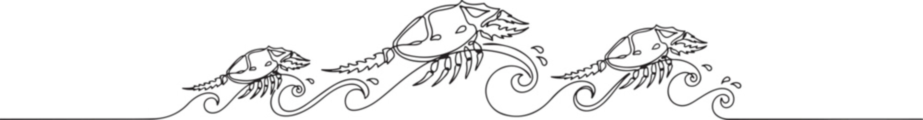 Composition with marine armored horseshoe crabs and waves. one line art icon drawing © jinnatun