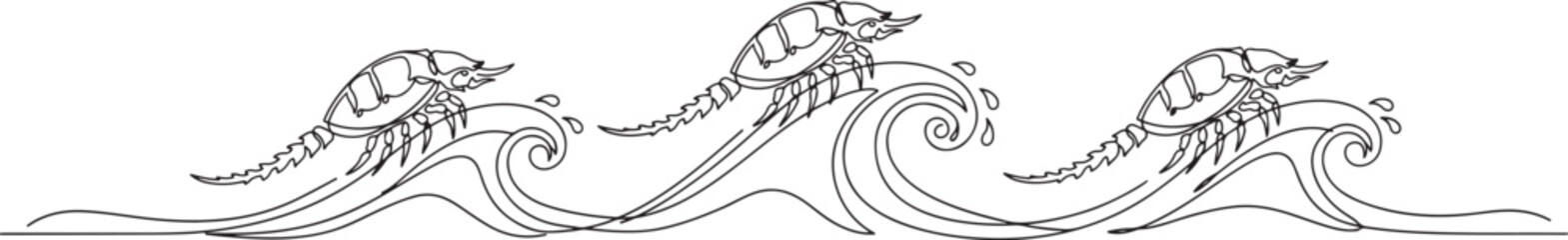 Composition with marine armored horseshoe crabs and waves. one line art icon drawing © jinnatun