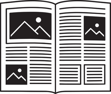 Open catalog magazine newspaper layout article picture text publication print collateral simple line outline vector editable stroke illustration