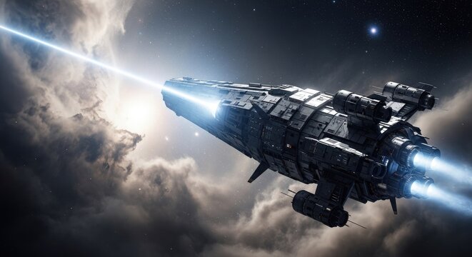 Futuristic spaceship in deep space with laser beam and dramatic lighting