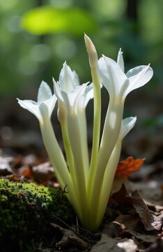 Rare white Monotropa uniflora flowers grow in dark forest soil. Ghost pipe plants bloom with translucent petals on mossy ground. Unusual botanical species thrive in woodland shade with soft sunlight.