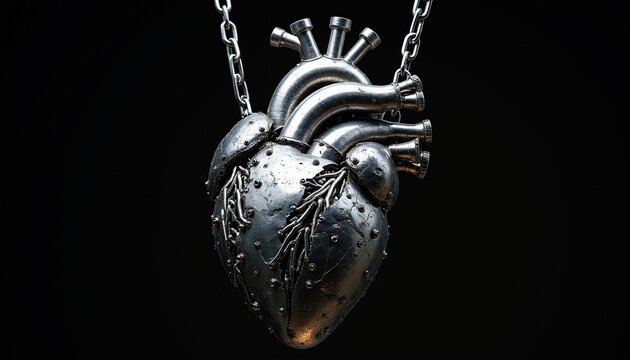 Mechanical human heart made of silver metal parts hangs on steel chains against black background. Intricate industrial engine components pipes gears, bolts form bionic organ construction. Cybernetic