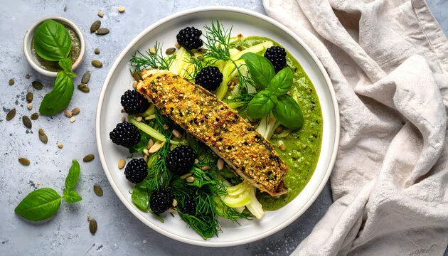 Skrei fish with sesame seed crust served on a fresh fennel salad with blackberries, basil leaves, pumpkin seeds and creamy green pesto sauce, overhead view, healthy gourmet food photography, zucchini 