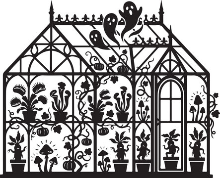 Gothic Haunted Greenhouse Silhouette with Ghosts, Mandrakes, and Carnivorous Plants Vector Illustration