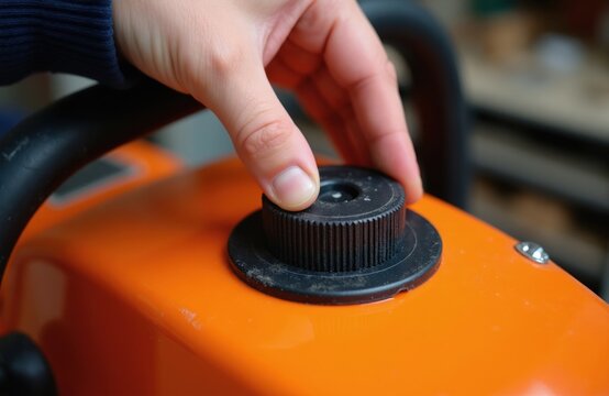 Hand turns cap on orange chainsaw gas tank. Close-up view of refueling process for two-stroke engine. Maintenance for tool. Fueling up for yard work.