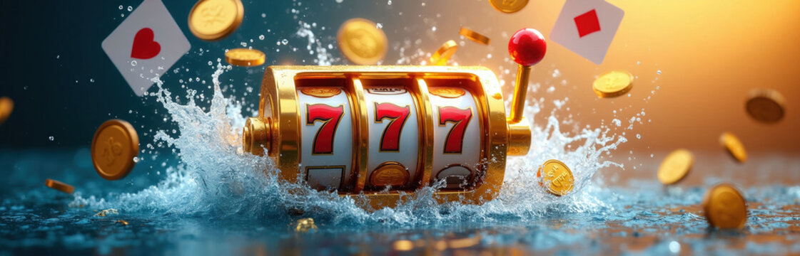 Golden slot machine with lucky number 7s. Playing cards and coins splash in water. Symbolizes gambling luck, jackpot win, and casino excitement.