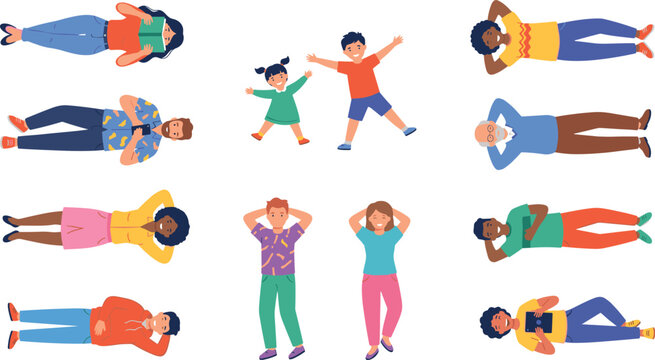 People Lying Down Collection with Relaxing Characters in Various Resting Poses Vector Set