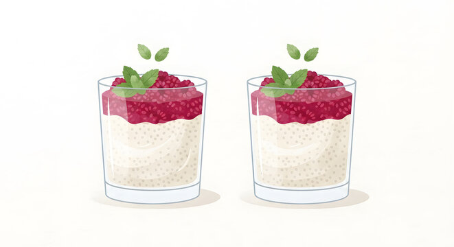 Two identical glasses of raspberry chia seed pudding