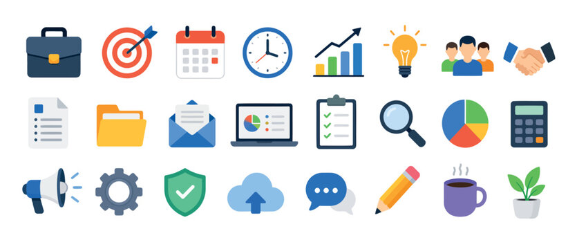Colorful geometric icons set on white background.