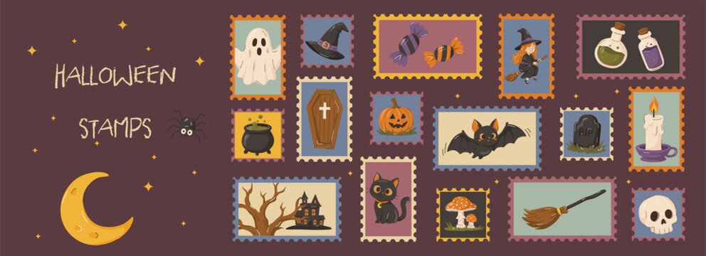 Halloween stamp designs. Postal label templates featuring Halloween objects and elements. Postal cancellation marks themed around the October holiday. Flat vector illustrations.
