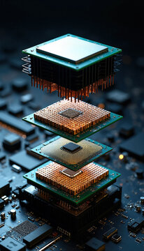 Exploded view of computer processor with layers of circuit board, heat sink cooling system. Macro shot shows internal components of microchip hardware. Digital technology assembly demonstrates
