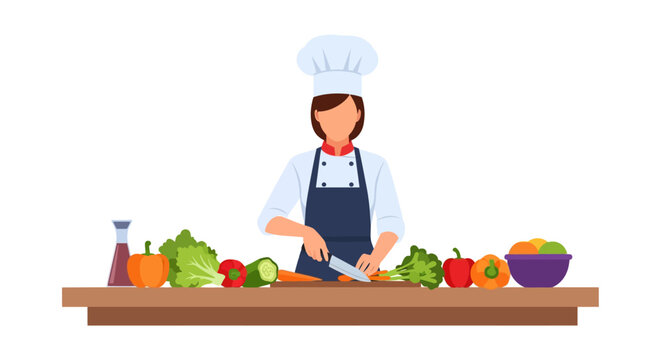 Professional chef in uniform preparing fresh vegetables and ingredients for cooking on a wooden table, healthy food preparation illustration