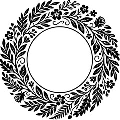 Obraz premium Elegant Floral Wreath Frame Silhouette Featuring Botanical Leaves, Flower Branches, Decorative Circular Border and Minimal Nature Ornament Design