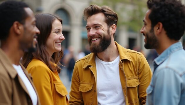 Diverse friends chat outside a city building. People smile, laugh, and connect in casual talk. Young adults share ideas, enjoying urban street life and good company.