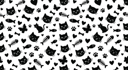 Cute kitten doodle vector wallpaper design, seamless animal element repeat pattern for textile and wrapping paper © Rekha