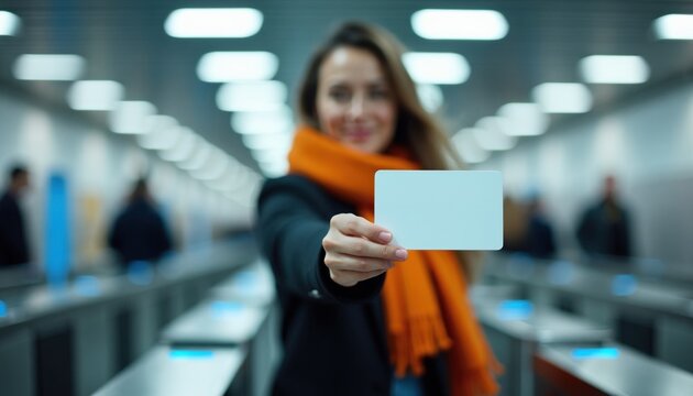 Young woman holds blank white card towards turnstile gate at train station. Commuter uses contactless pass for electronic access control during daily travel. Passenger verifies ticket identity at