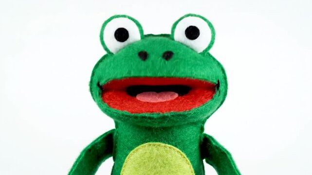 Cheerful green felt frog puppet with big eyes and red open mouth against a white background for children's entertainment