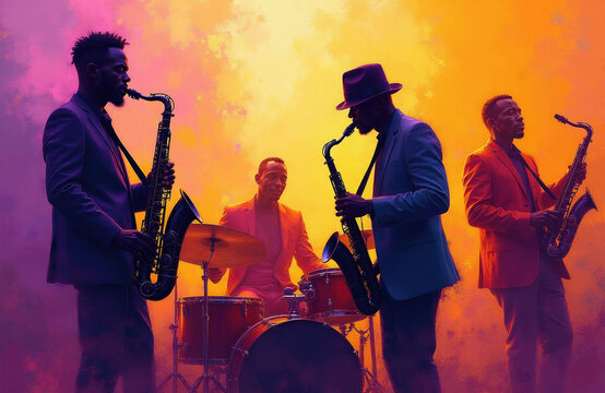 African American jazz band plays instruments on stage. Pro musicians perform melody with saxophones, drums. Musical group enjoys soul groove during live concert event. Vibrant colorful background