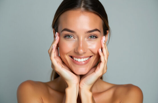 Woman face shows healthy glowing skin. She smiles gently touching her cheeks. Clear complexion radiates natural beauty and pure radiance. She feels happy after skincare routine.