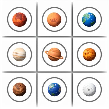 Planetary Alignment Grid Featuring Various Celestial Bodies and Spherical Astronomical Objects in a Minimalist Vector Collection