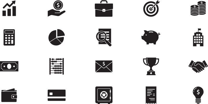 Big Business Solid icons mega collection. Growth, business, finance, success, tax, money, target, company, profits, and accounting big UI icon set. black icon Solid vector