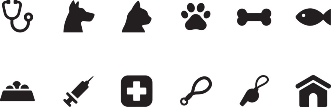 Veterinary, pet, vet, pet shop, dog care, training, cat, food Solid icons set collection. black icon Solid vector