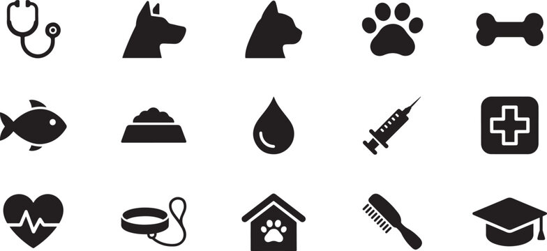 Veterinary, pet, vet, pet shop, dog care, training, cat, food Solid icons set collection. black icon Solid vector