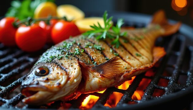 Whole fish cooks on hot grill grate over open flame. Cherry tomatoes and lemon slices sit near grilled snapper seasoned with fresh herbs. Delicious seafood meal preparation.