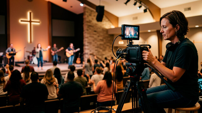 Female videographer operating a professional camera during a church service. Woman filming a live worship band and congregation in a modern sanctuary. Live streaming and media production concept