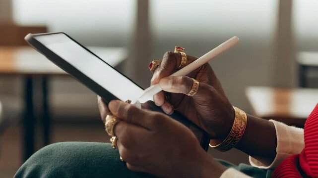 Web interface focused on intermediarys hands checking esignature timestamps on tablet illustrating mobile contract management with softfocus backdrop.