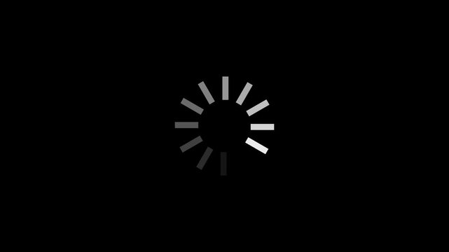 Classic circular loading bar with fading lines on black background, seamless loop progress indicator buffering animation footage