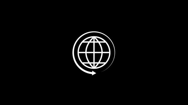 White global network globe icon with circular rotating arrow on black background, internet connectivity website seamless loop animation footage