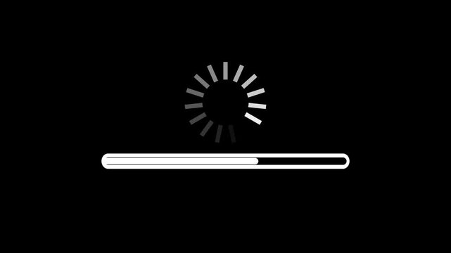 Circular buffering icon with horizontal progress bar filling from zero to hundred percent on black background, UI UX loading animation
