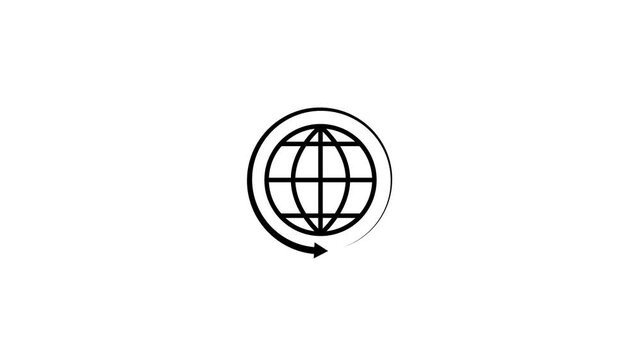 Black global network globe icon with circular rotating arrow on white background, internet connectivity website seamless loop animation footage