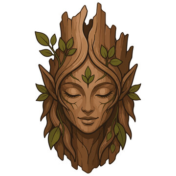 Enchanting Wood Nymph Face with Green Leaves Vector