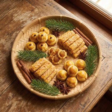 Christmas Cookies On Bamboo Tray Flatlay