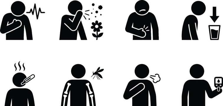 Medical symptom icons set showing various sicknesses and health issues for patients on transparent background