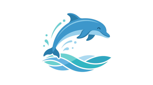 Happy cartoon dolphin jumping through ocean waves.