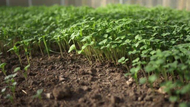 Macro view of mustard seedlings in greenhouse soil