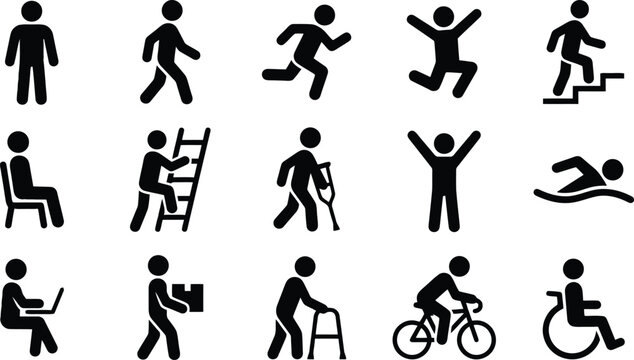 Set of black human action icons showing various daily activities and lifestyle movements on transparent background